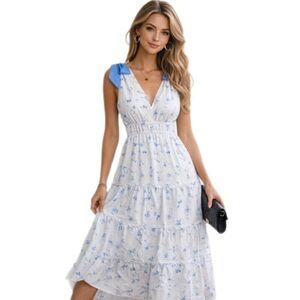 Wenrine Blue Floral Tie Strap Midi Dress NWT Small